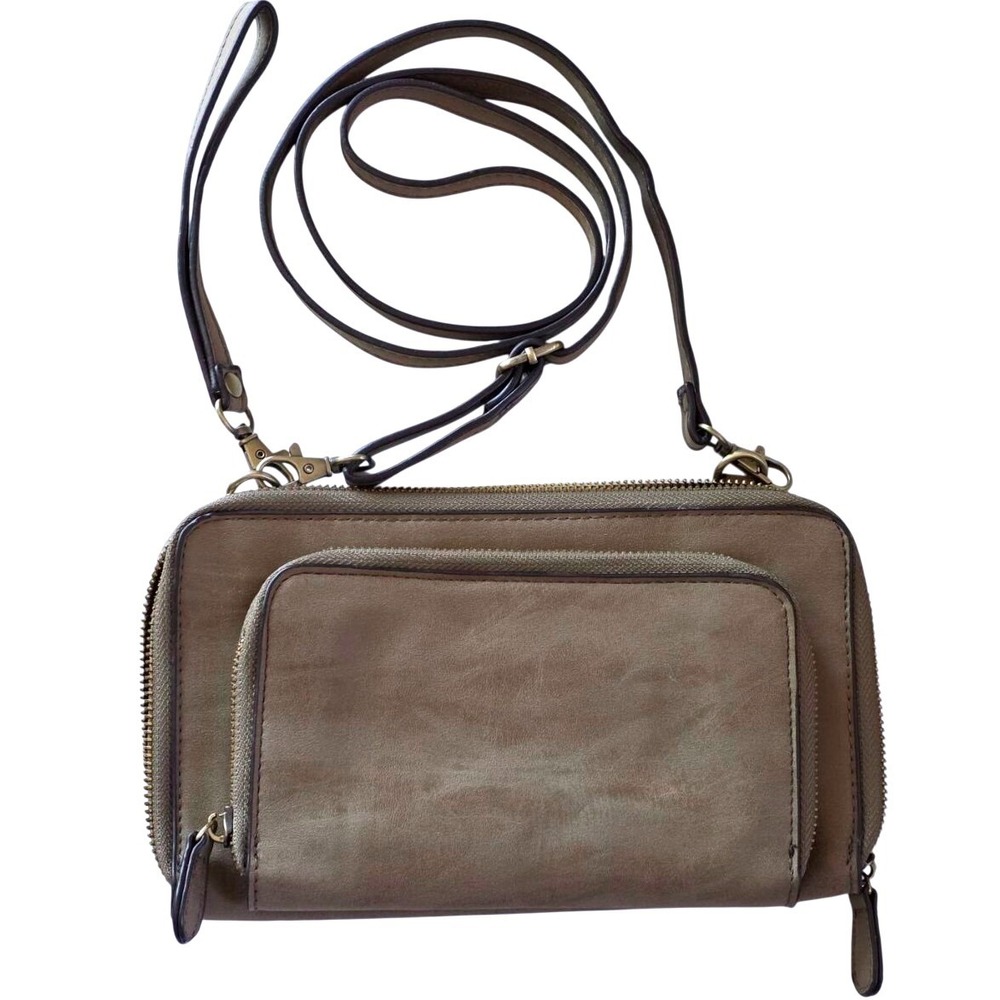 Joy Susan Taupe Vegan Leather Crossbody Wallet Bag Organizer Clutch Brass HW
